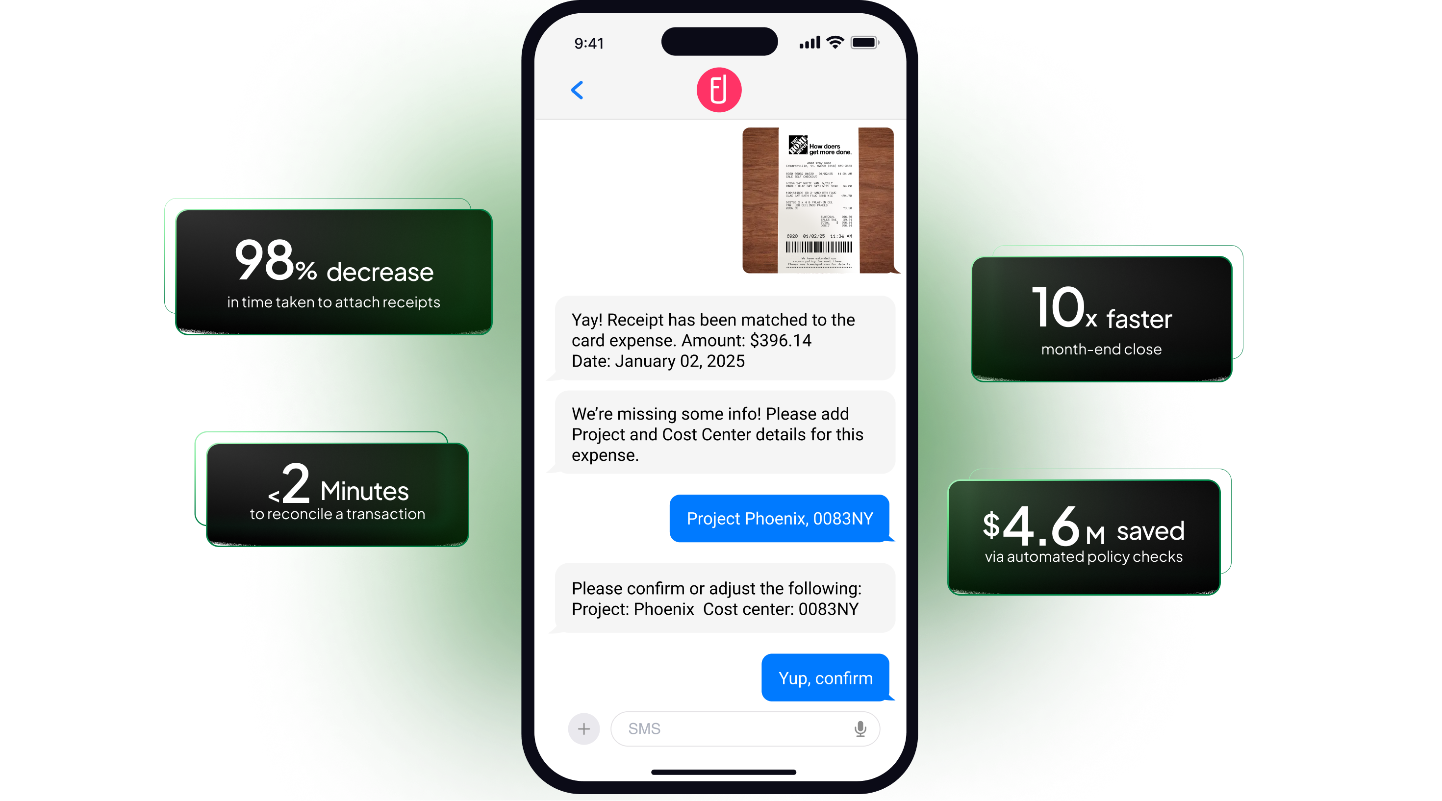 Phone showing how users can text a receipt to Fyle, with key statistics