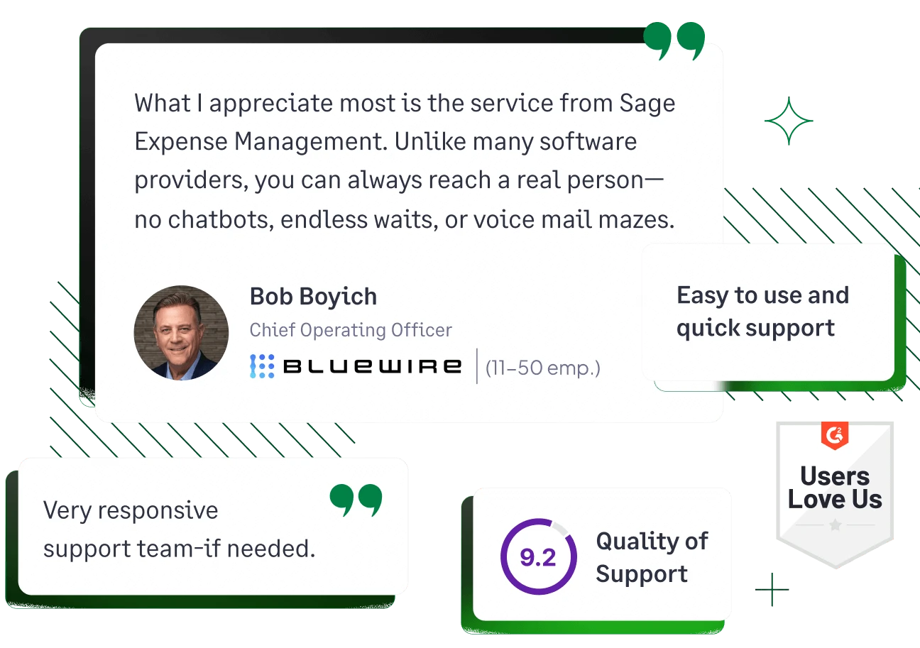 Customer testimonial praising Sage Expense Management for its exceptional customer support