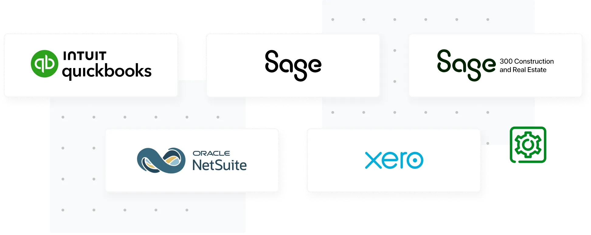 Logos for Sage Expense Management's accounting software integrations, including QuickBooks, Sage, and Xero and more.