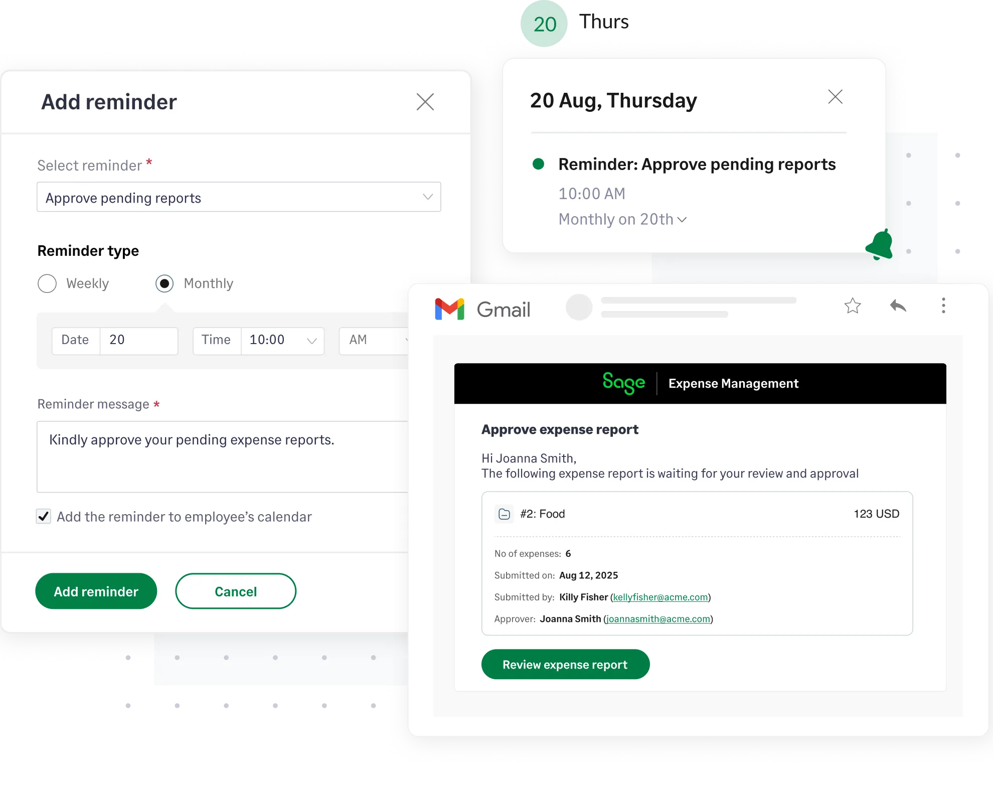 Automated reminder setup in Sage Expense Management for approving pending expense reports
