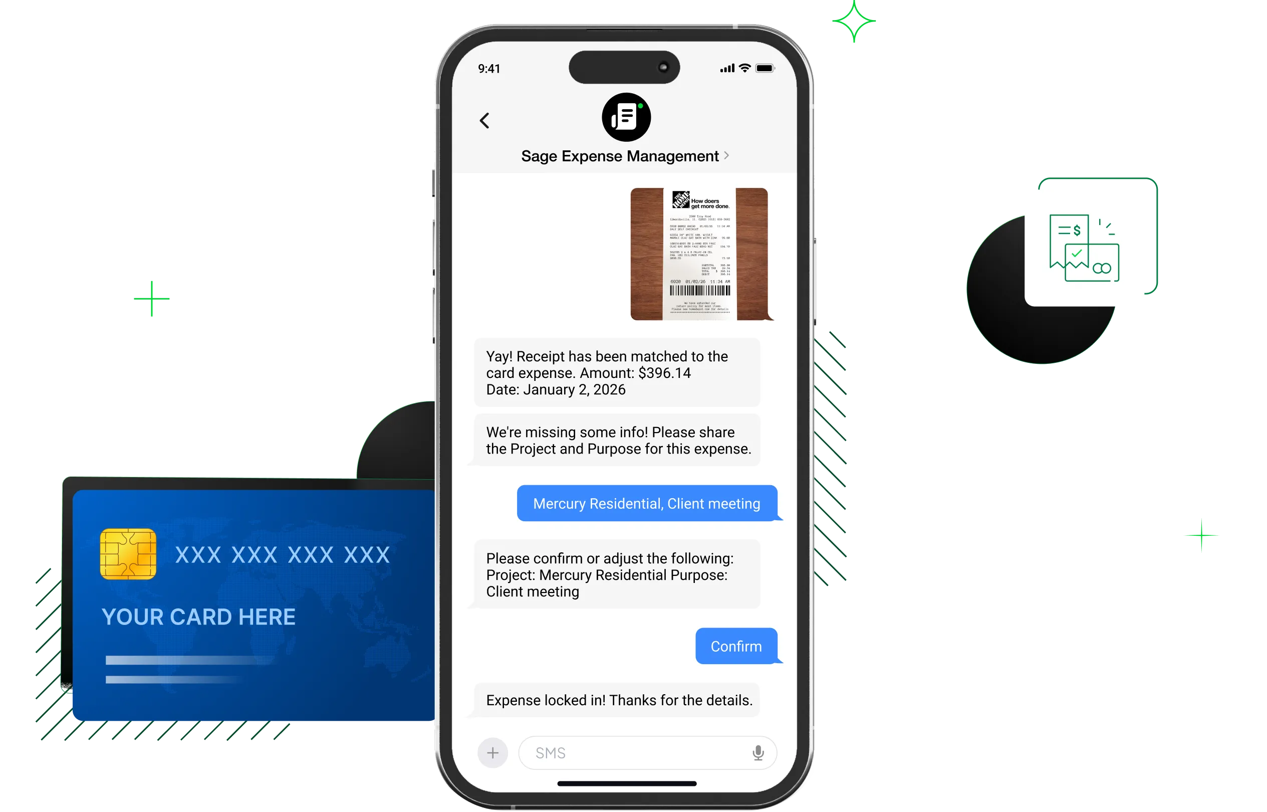 Sage Expense Management sends instant text notification on business credit card spend for automated reconciliation.