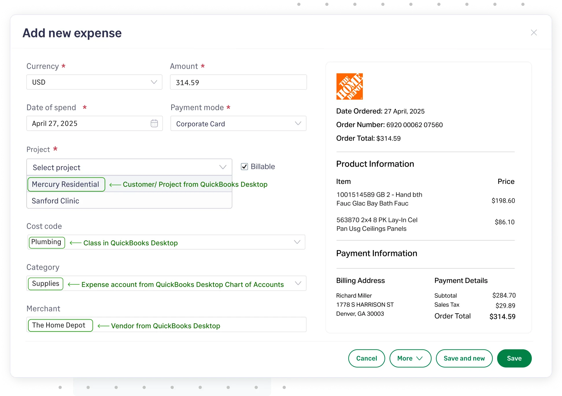 QuickBooks Desktop integration with Sage Expense Management supports automatic expense coding