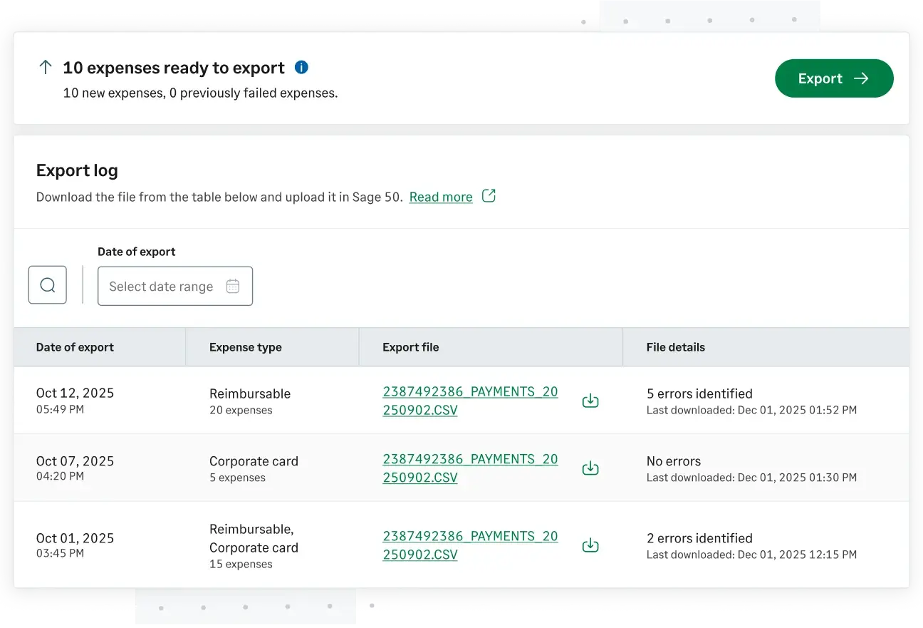 Export log view in Sage Expense Management showing Sage 50 ready CSV files