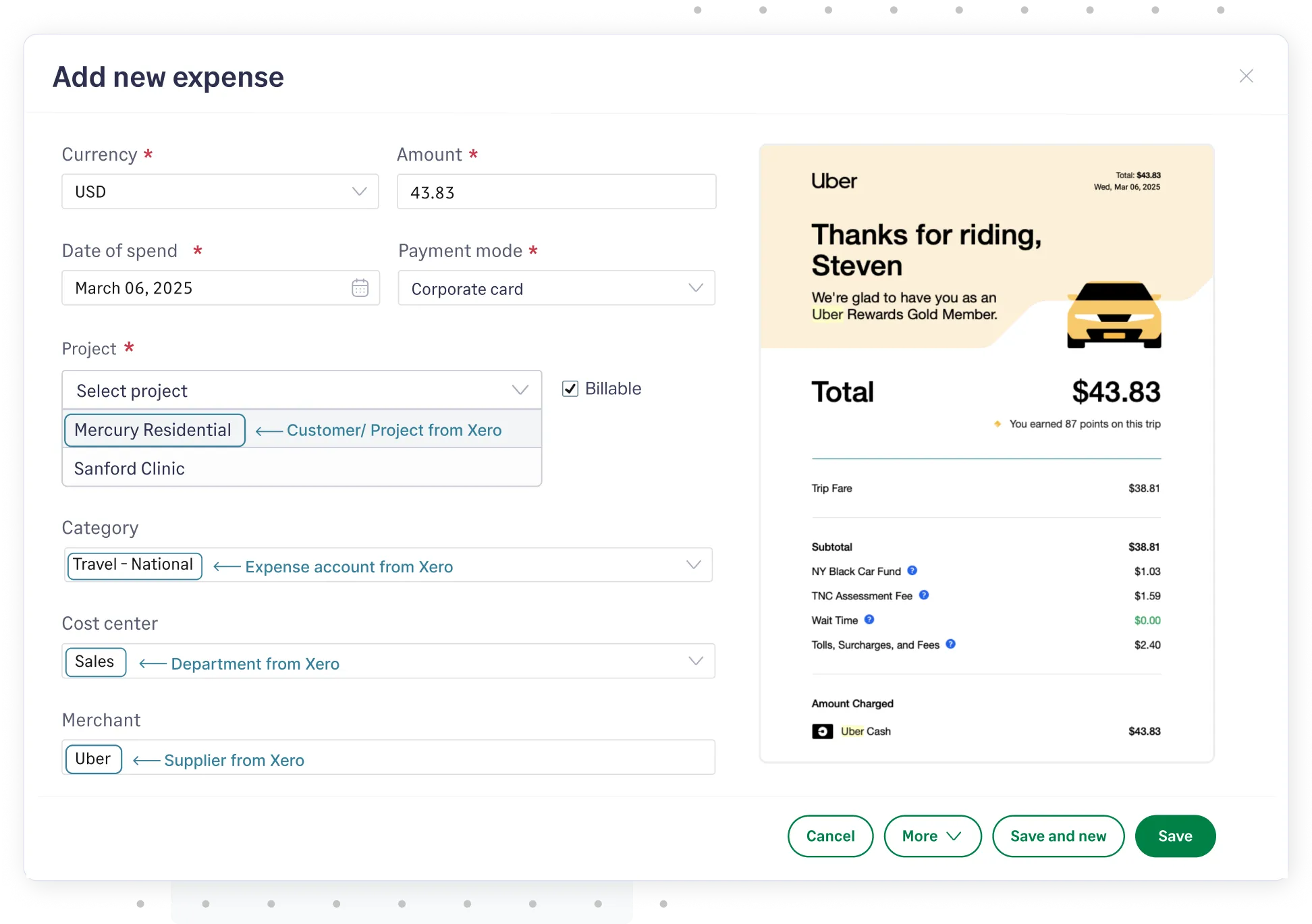 Expense form in Sage Expense Management with fields imported from Xero as dropdowns