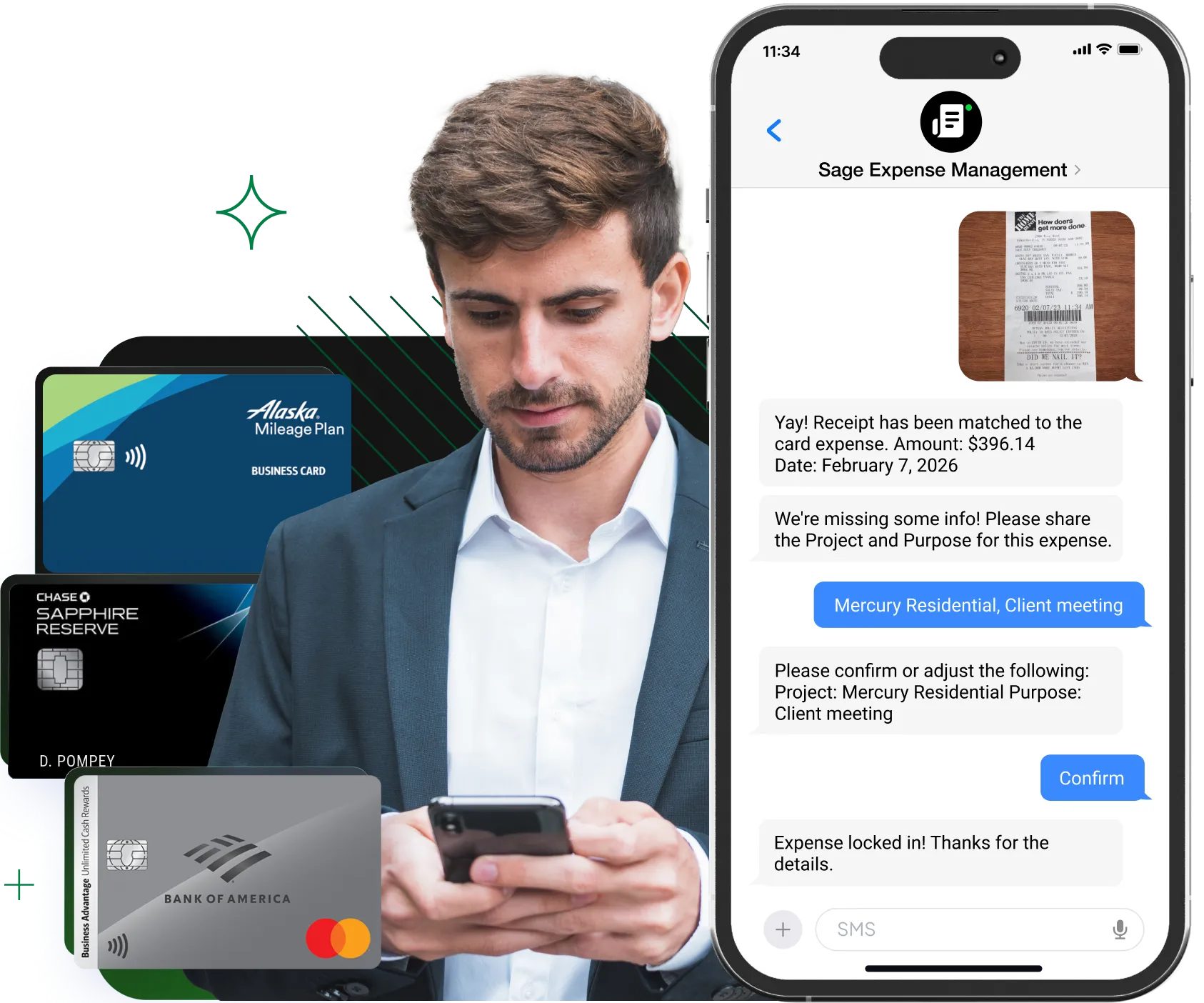 Person texting their expense receipt to Sage Expense Management for reconciliations.