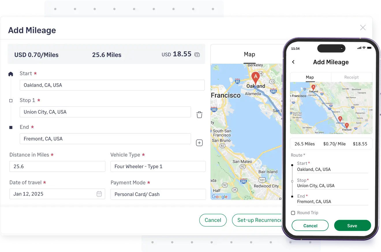 Fyle's mileage tracker for business powered by Google Maps for accurate business mileage tracking