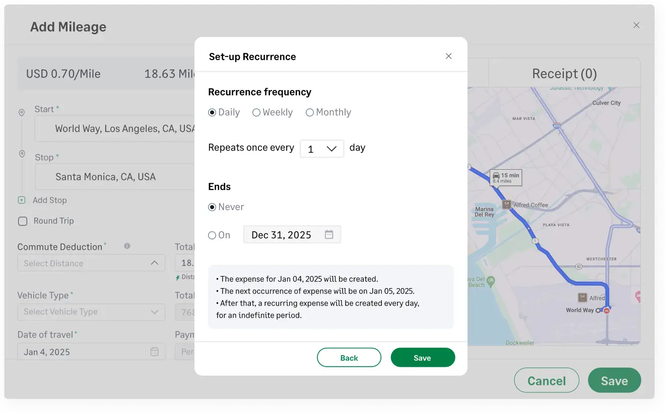 Set up recurring mileage expenses in Fyle - the best app to track mileage for business