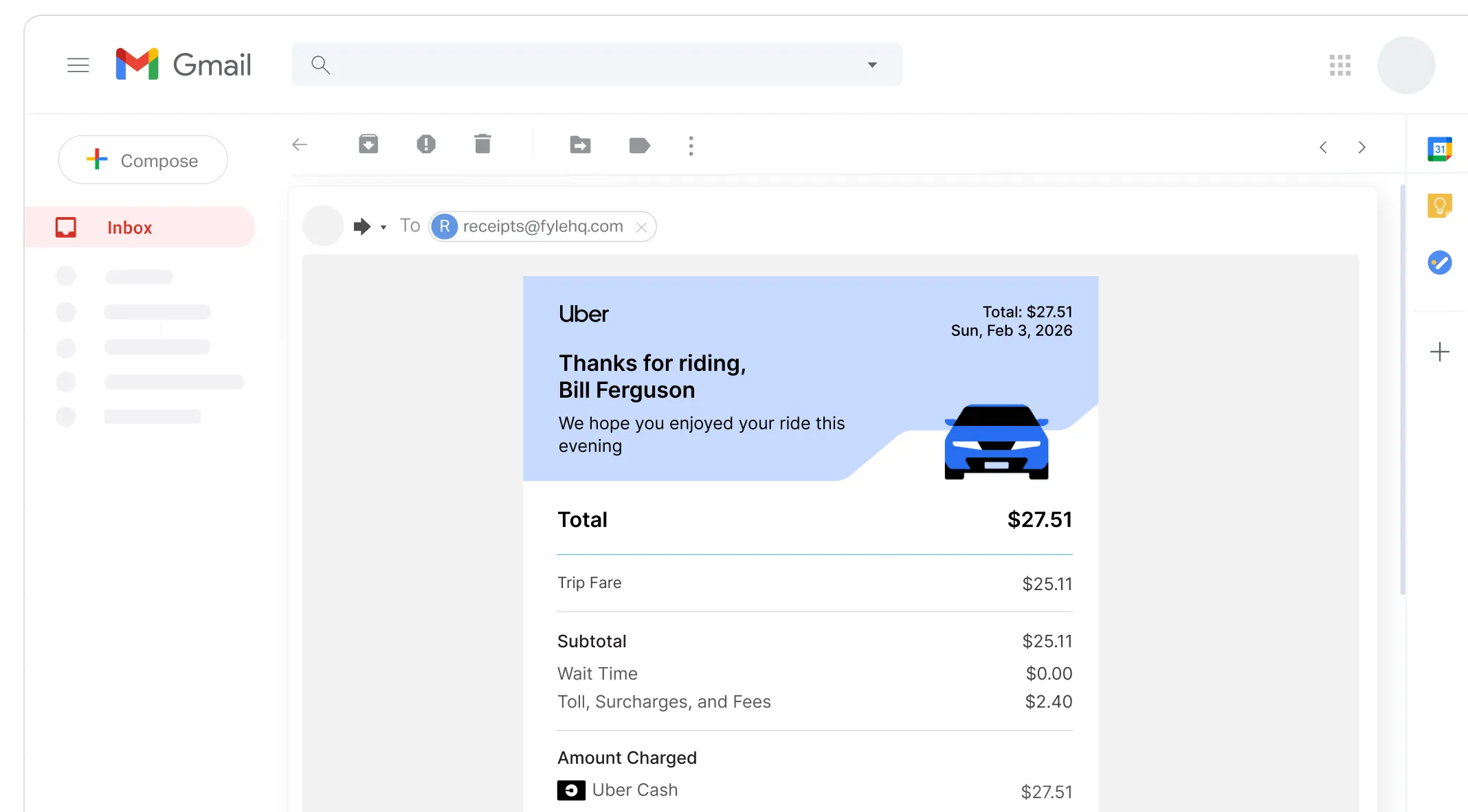 Forwarding an e-receipt to Sage Expense Management software via email for automated processing. 