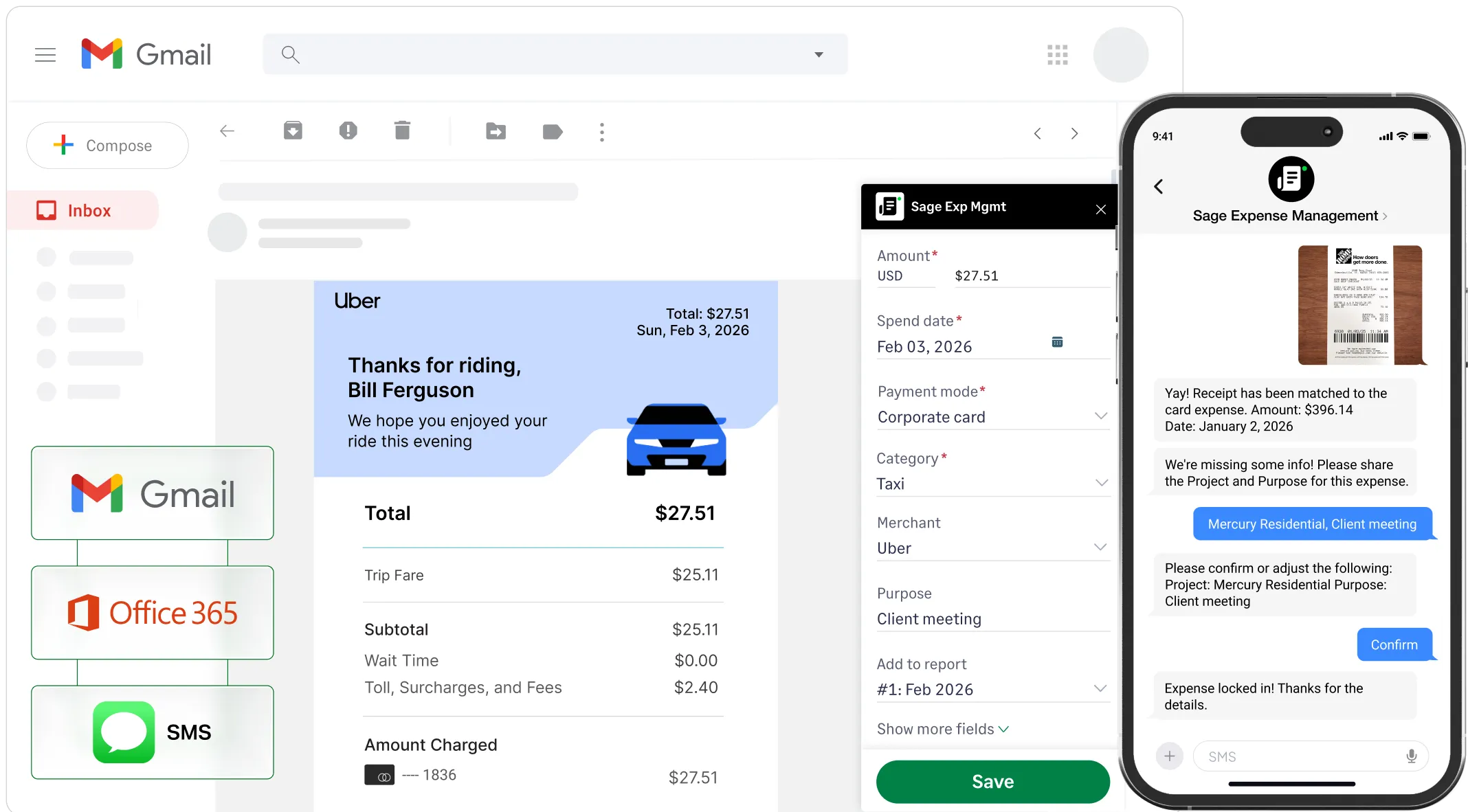Sage Expense Management software email plugin automatically capturing data from an e-receipt.