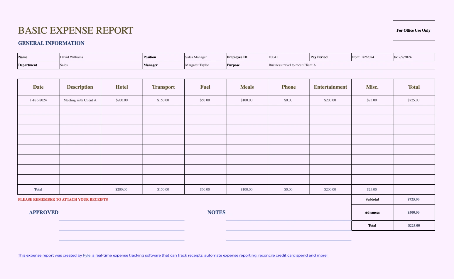 Basic expense report template.