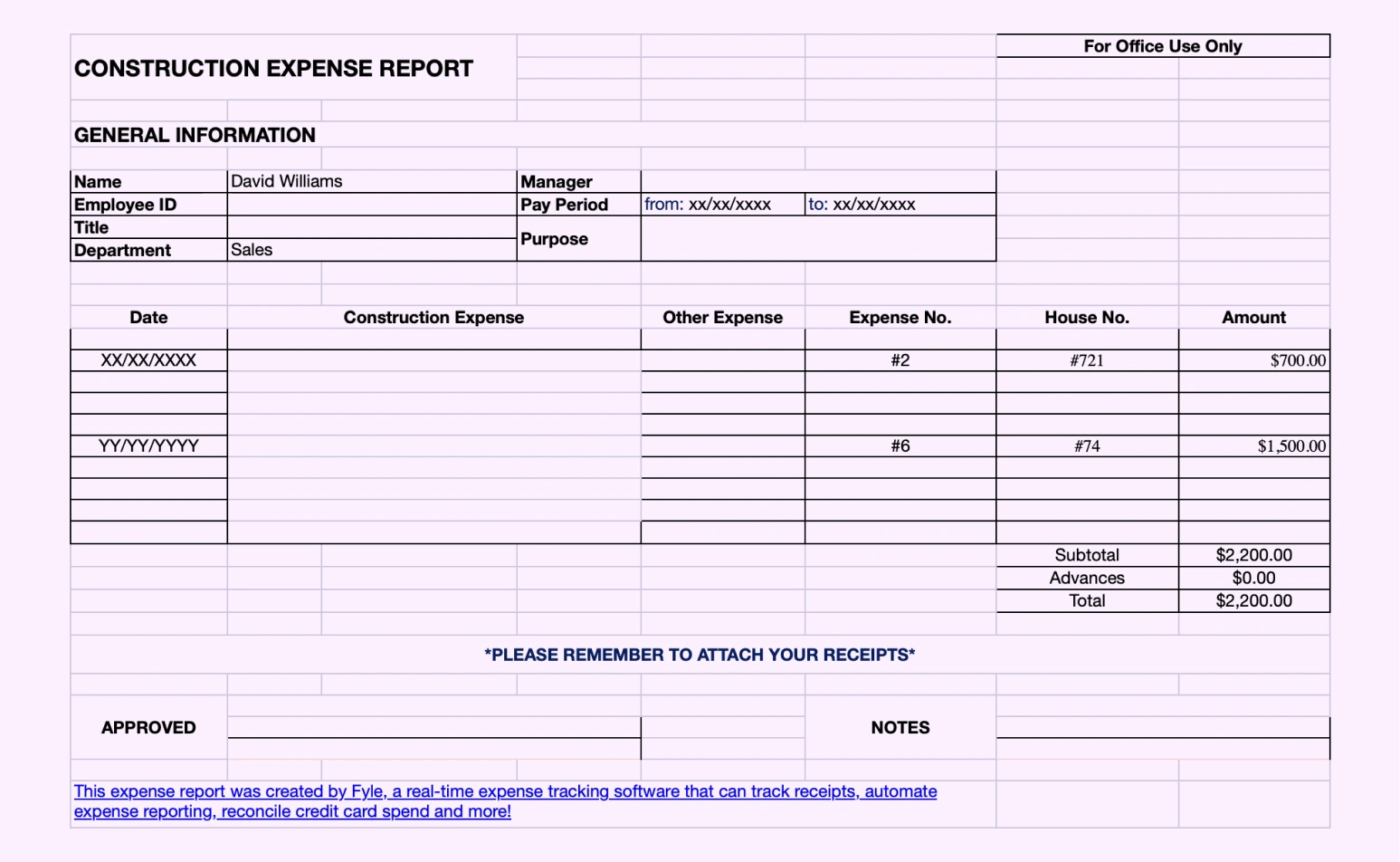 Construction expense report template.