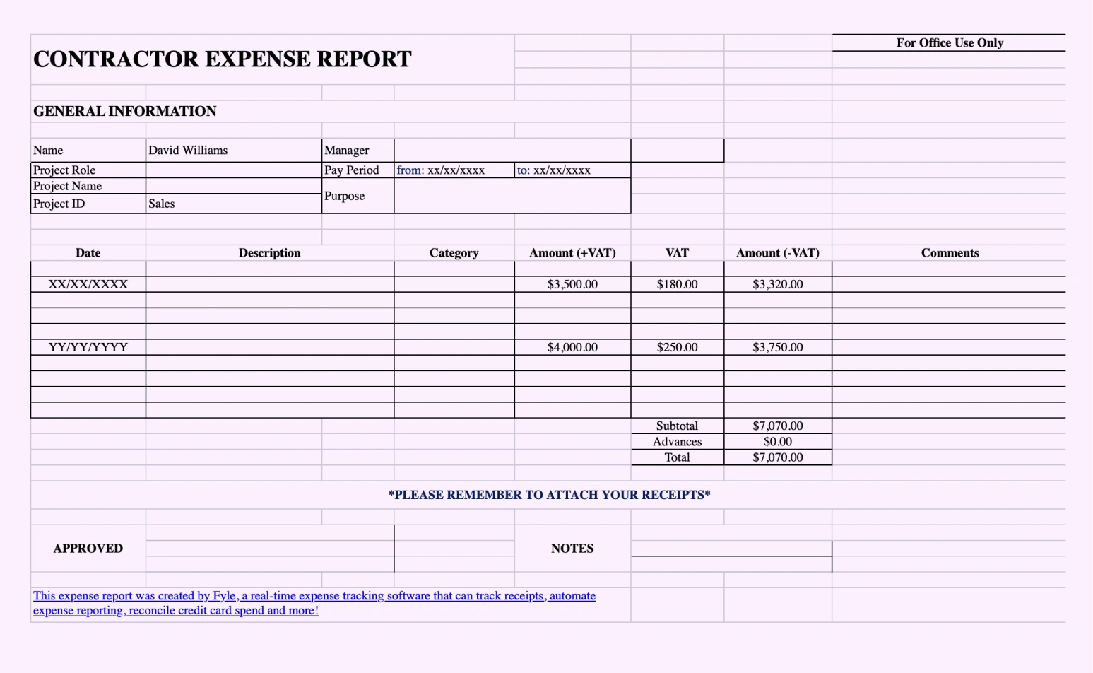Contractor expense report template.