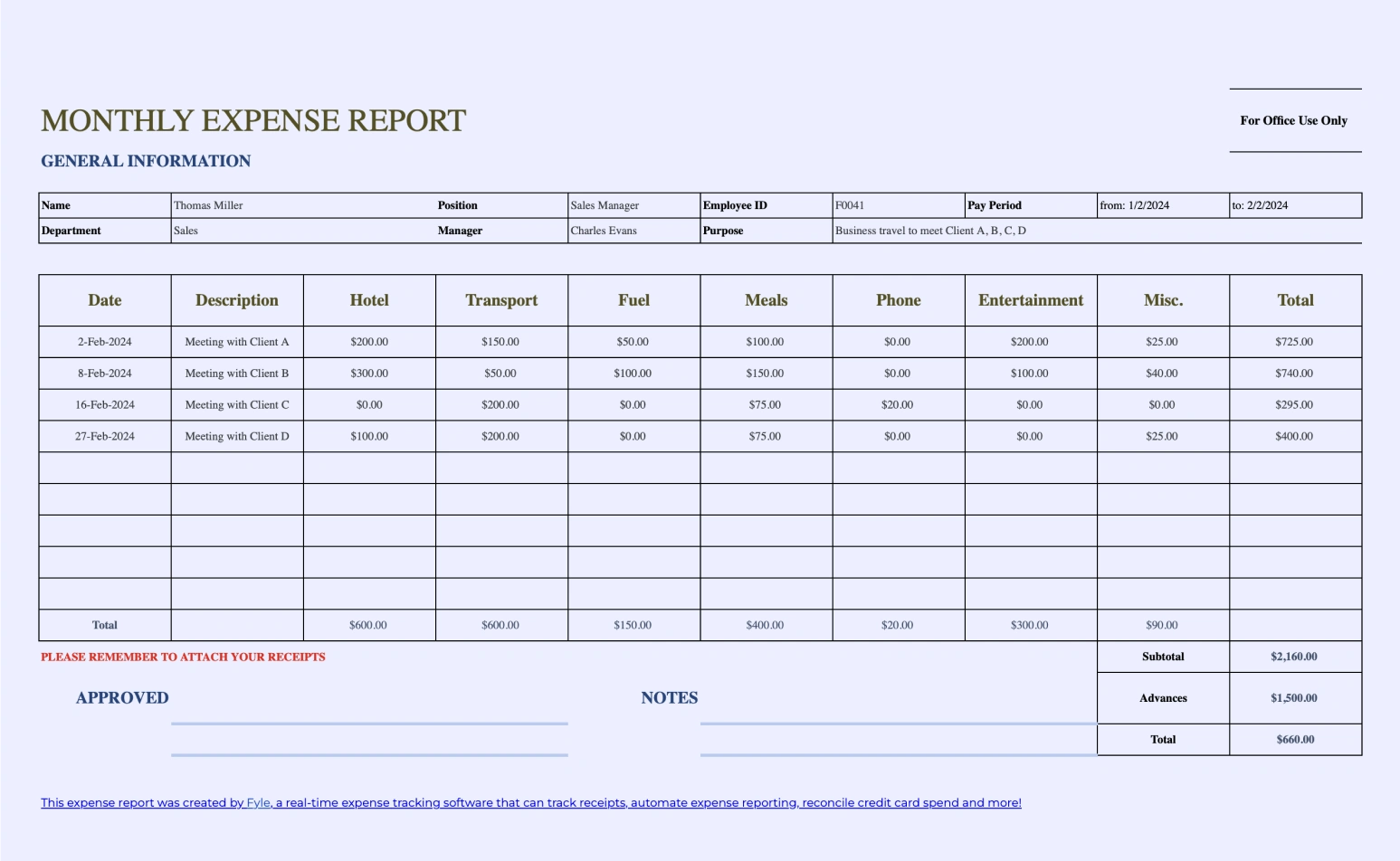 Monthly expense report template.