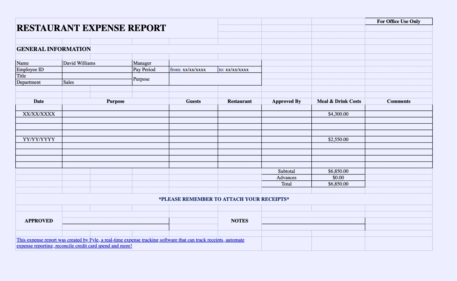 Restaurant expense report template.
