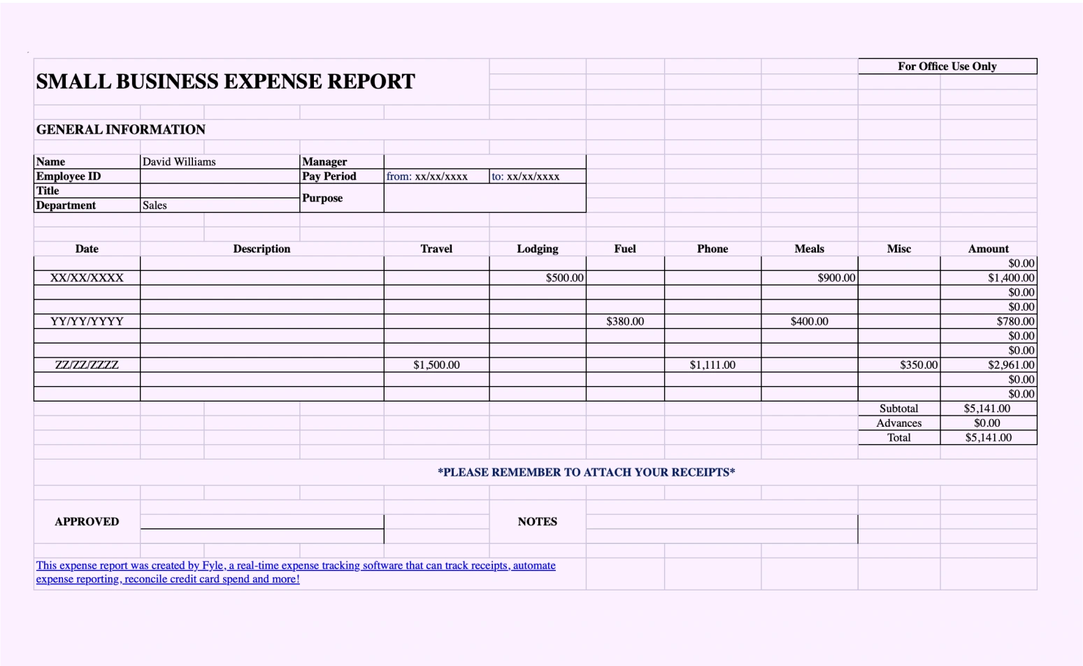 Small business expense report template.