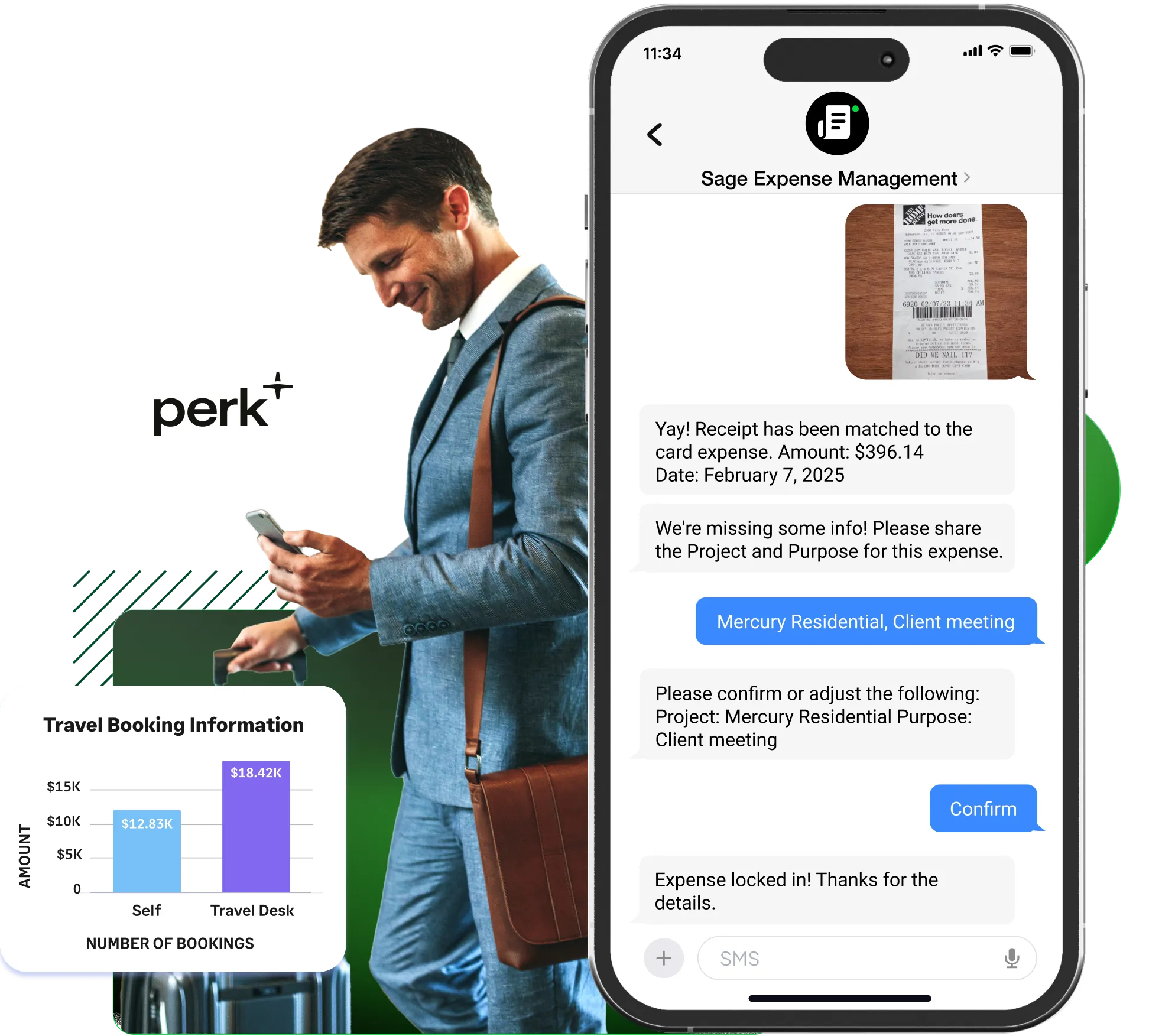 A traveling employee submitting expenses via text message to Sage Expense Management