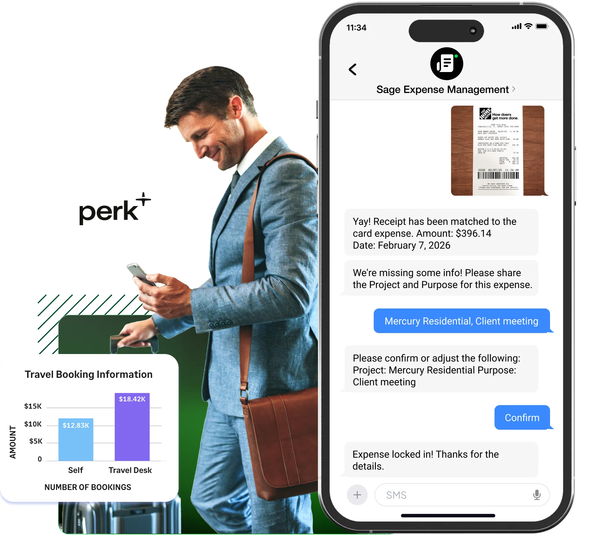 Employee submitting travel expenses via text to Sage Expense Management