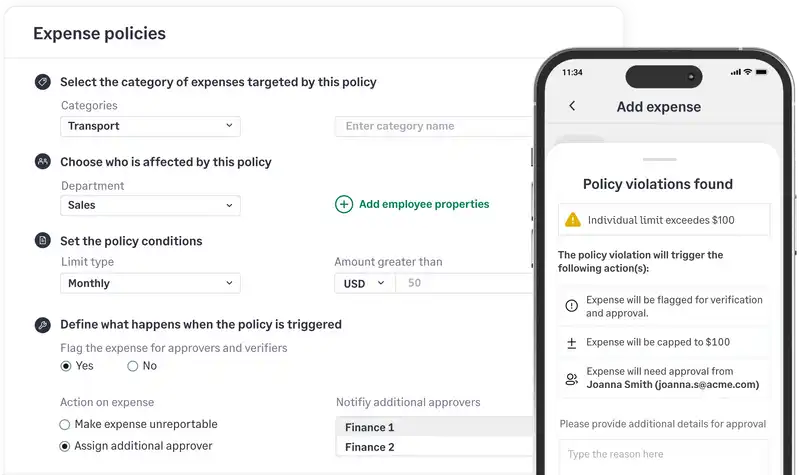 Sage Expense Management policy engine flagging a violation for exceeding a individual spend limit.