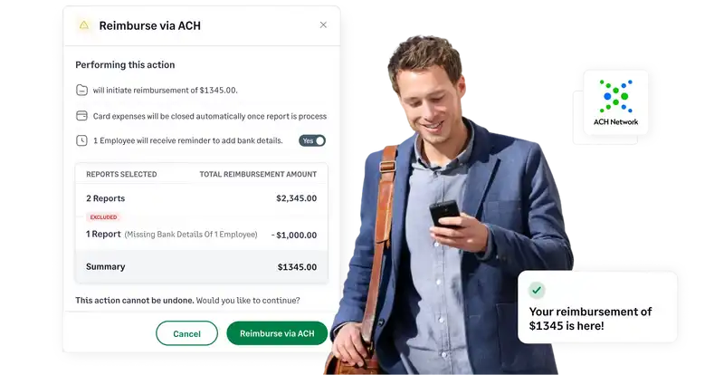 Sage Expense Management software dashboard for employee reimbursement via ACH network